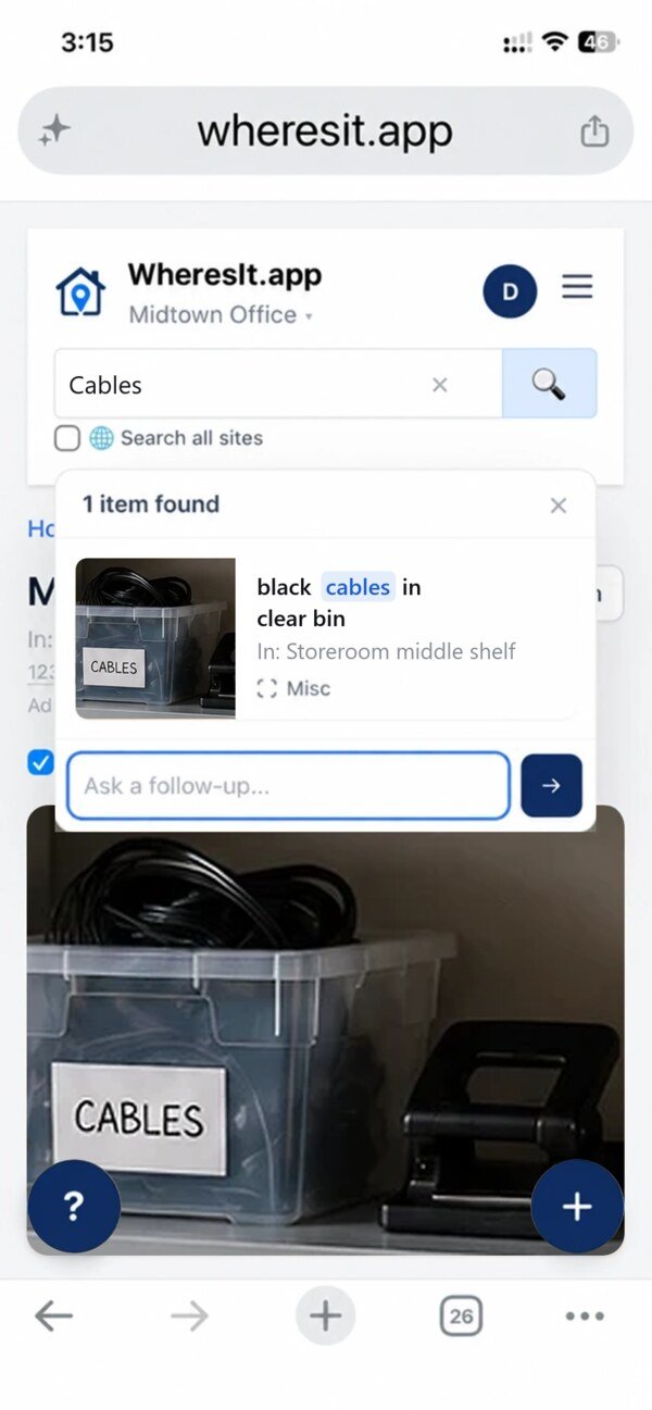 WheresIt mobile search for "Cables" showing the matching bin, its shelf location, and a follow-up question box